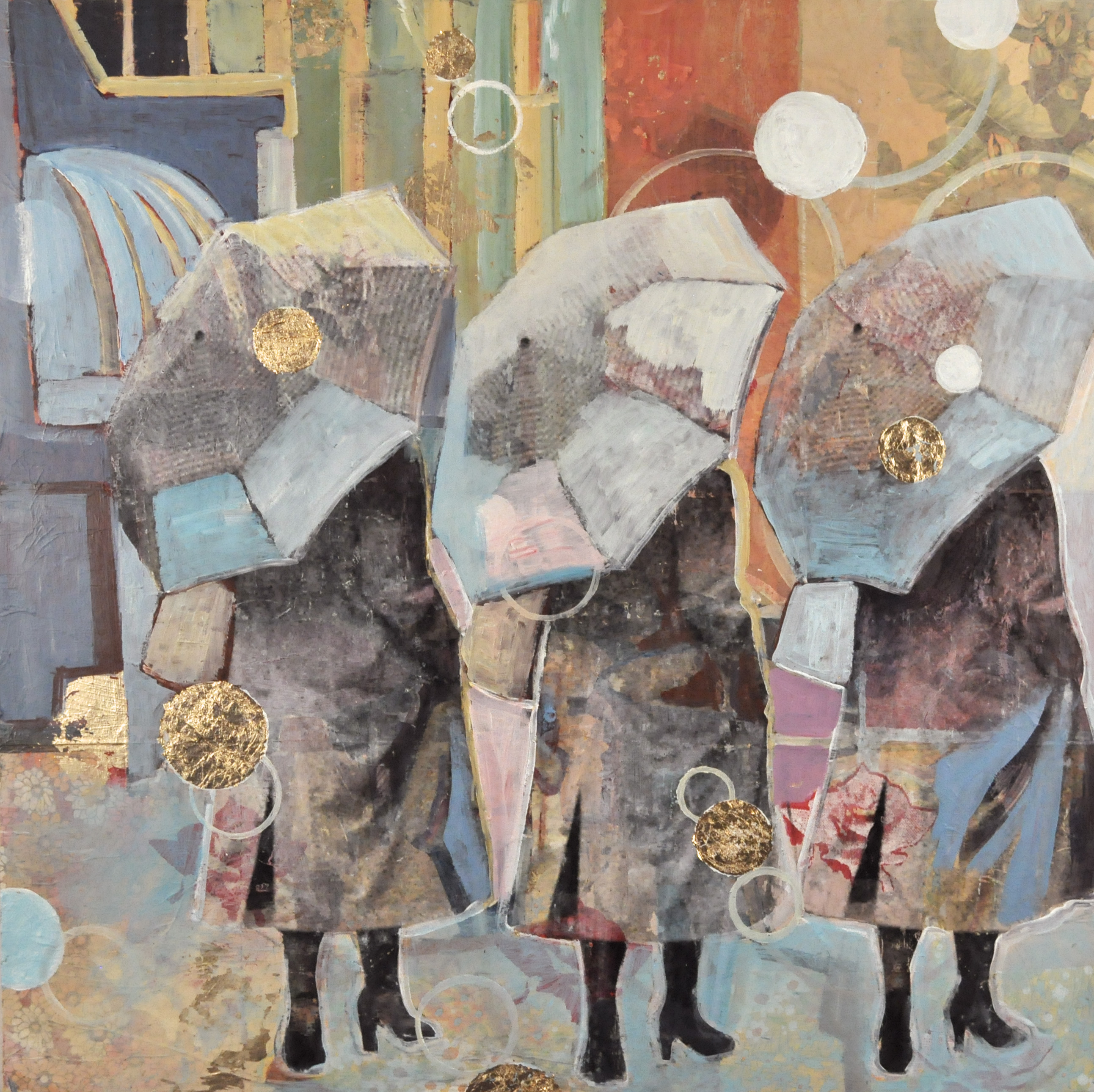 Sounds of everyday life on a rainy day. Three ladies walking with gold bubbles.