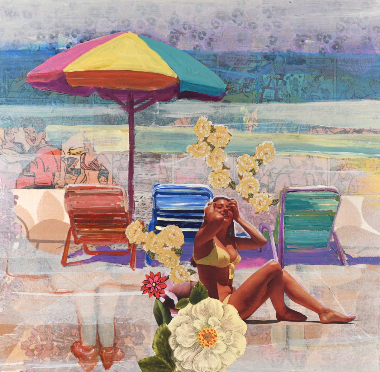 a beach with a woman in the sun with umbrellas