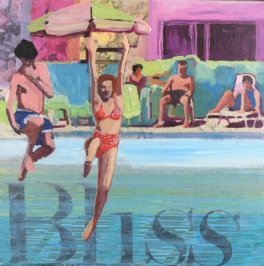 girl jumping into pool with the word bliss along bottom