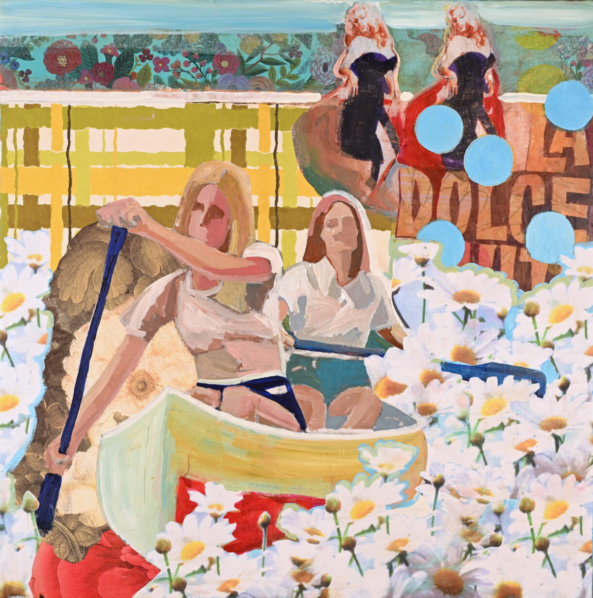 women canoeing in the daisies