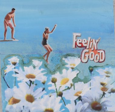 two people jumping into the water or a field of daisies