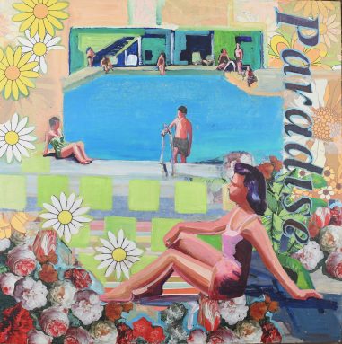 woman by pool with the word paradise