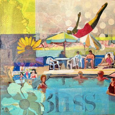 Postcard-style mixed media collage of a pool scene with swimmers, lounge chairs, umbrellas, bold floral overlays, and a diving figure.