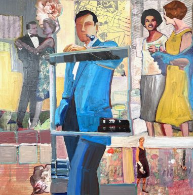 “Original contemporary figurative collage painting by Marjolyn van der Hart depicting a champagne cocktail party with vintage-inspired figures, social gathering, and mid-century style.”