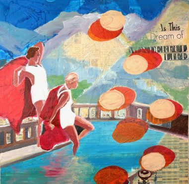 Mixed media collage artwork of two vintage figures stepping into a pool beneath a blue sky, with floating orange shapes and the text “Is This Dream of Wonderful Life.”