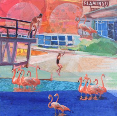**Alt text:** Colorful mixed-media collage depicting a vintage hotel pool scene with pink flamingos standing in blue water while two swimmers leap from a diving board into the pool, set against a warm orange and coral sky with retro motel signage.