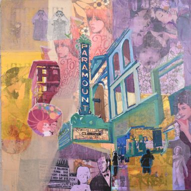 Mixed-media collage featuring the Paramount Theatre marquee layered with vintage figures, pastel buildings, and retro illustrations in pink, teal, and yellow, evoking nostalgia and cinematic glamour.