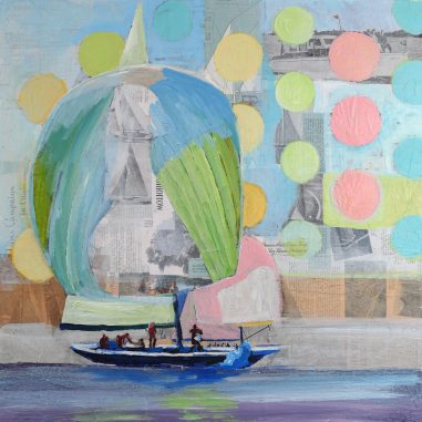 Mixed media sailboat collage painting with large blue-and-green sail, pastel polka dots, and layered nautical paper